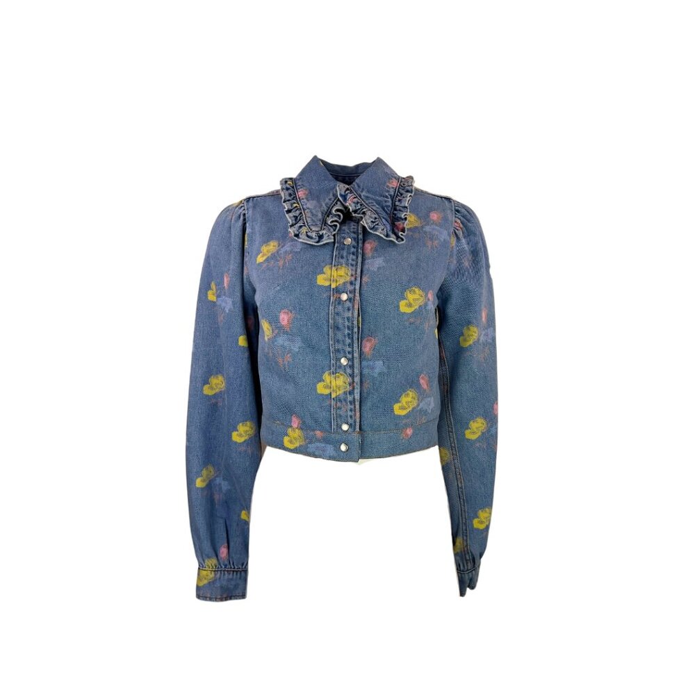Ganni Denim Shirt with Ruffled Collar
